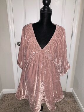 Free People Crushed Velvet V-Neck Babydoll Top - Dusty Rose